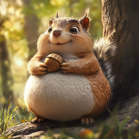 松鼠倚树干手持橡果
