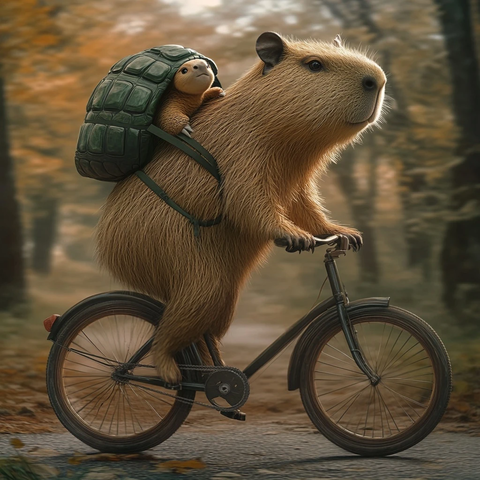 水豚背龟包骑车上学