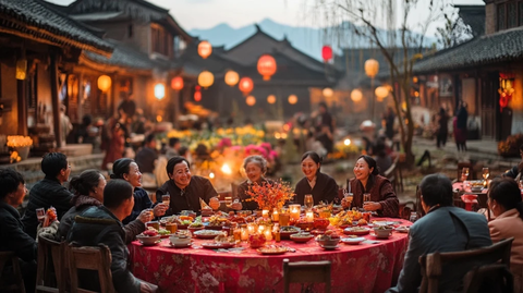 乡村中式庭院中一群人聚餐的热闹场景