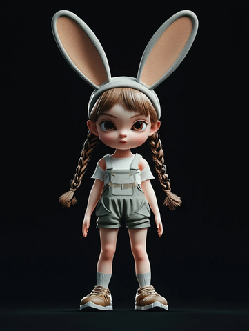 小女孩兔子耳朵站立黑背景