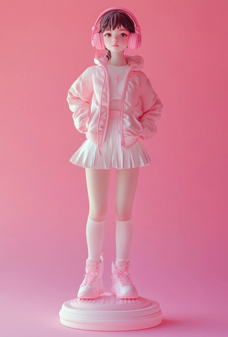 粉色耳机女孩雕塑