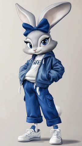 灰色兔子穿蓝色套装站立