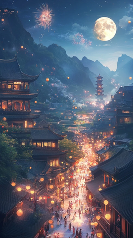 古城镇夜景灯火辉煌人群热闹非凡