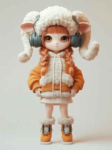 羊形帽耳机女孩全身像