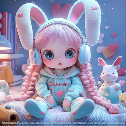 粉色兔耳女孩耳机玩偶