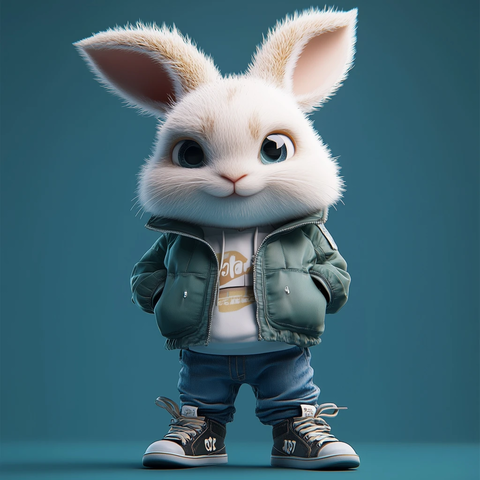 兔子穿夹克裤子和运动鞋