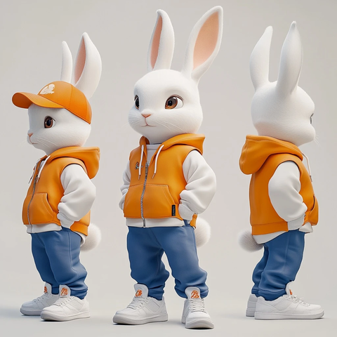 小白兔穿橙衣戴蓝帽