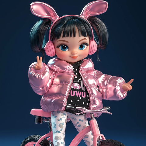 亚洲女孩骑粉色自行车摆拍