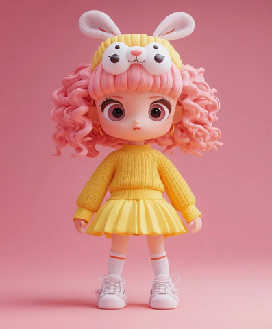 粉色卷发女孩兔子头饰全身像