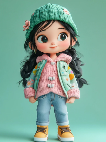 女孩绿色帽子粉色毛衣