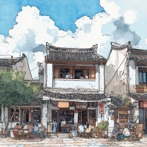 中式传统建筑下的市井生活场景