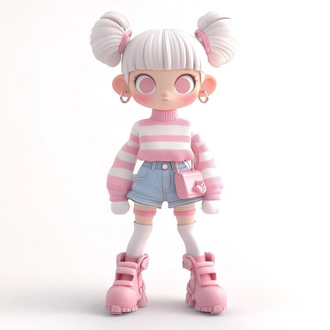 女孩粉色条纹毛衣牛仔裙