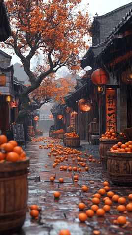 古街橘子散落雨中灯笼高挂的景象