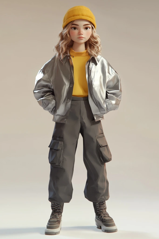 年轻女子穿银色夹克戴黄色帽子