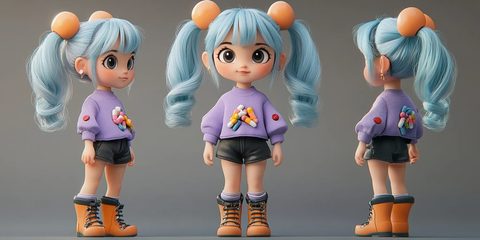 蓝发小姑娘双丸子头玩具模型