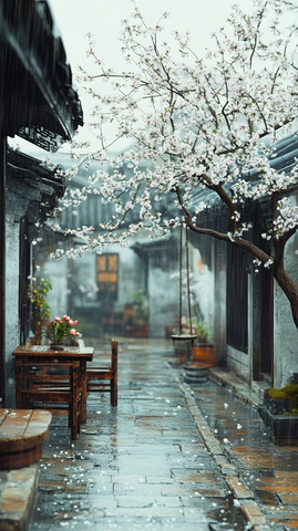 古巷雨中景盛开樱花添诗意氛围