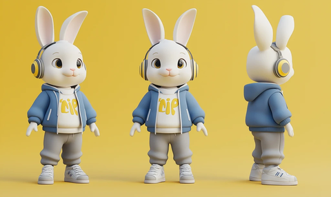 兔子耳机蓝白衫灰色裤运动鞋