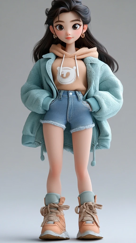 年轻韩国女性全身卡通形象