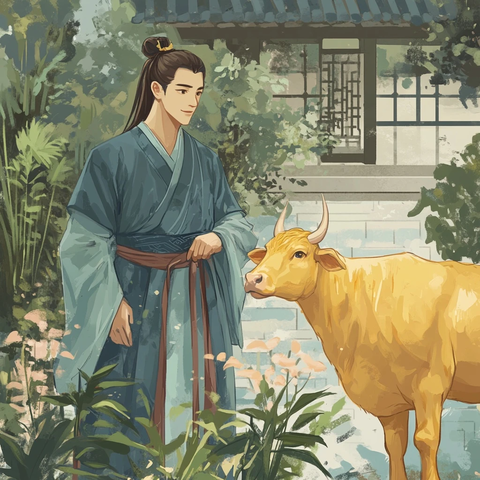 庭院中的古风男子与牛