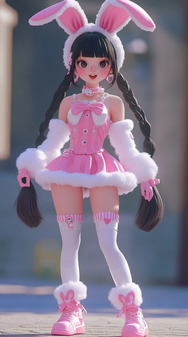 长发女孩兔子耳朵微笑站立