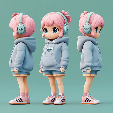 粉色头发女孩耳机运动装