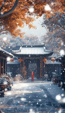 雪中古建筑前红衣人独立的唯美画面