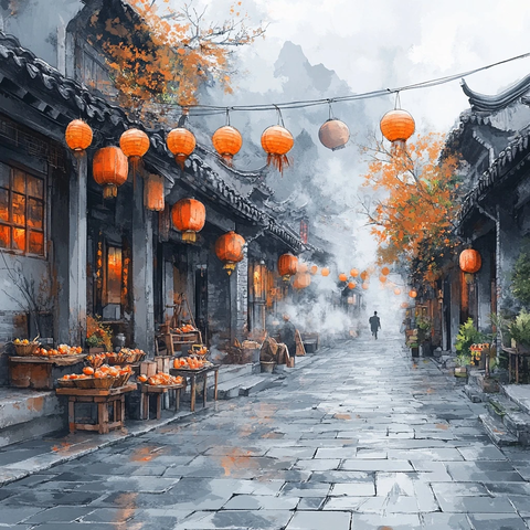 古街小巷灯笼高挂的传统街道景象