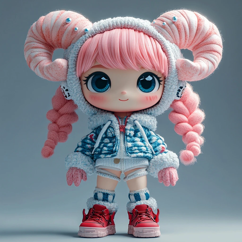 粉色卷发双角女孩盲盒设计