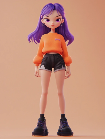 紫发粉眼女孩穿橙色毛衣