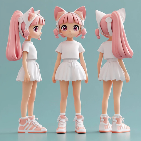 粉色长发女孩猫耳头饰全身像