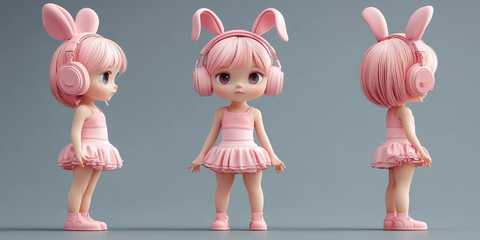 粉发女孩兔耳耳机模型