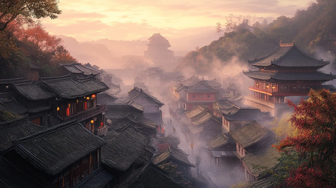 晨雾中的古村落全景