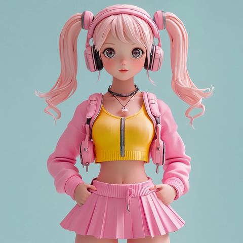 粉色裙子耳机女孩