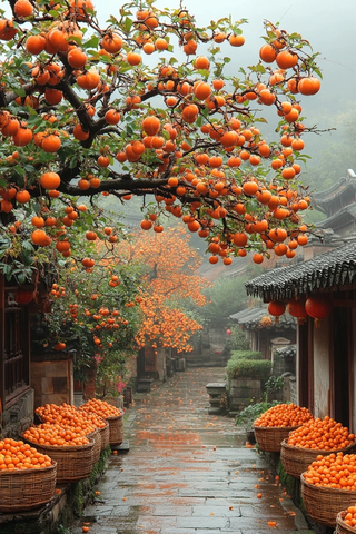 挂满柿子的小巷与街边堆放柿子的景象