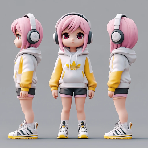 粉色头发女孩耳机运动装