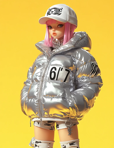 银色羽绒服虎纹女孩