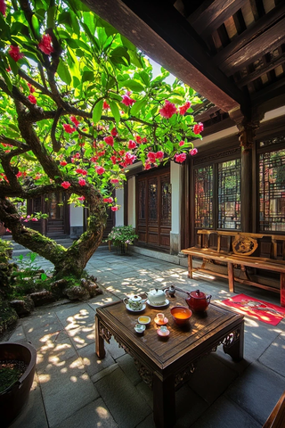 中式庭院内赏花开景饮茶的惬意之境