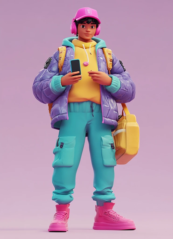 角色手持手机穿蓝紫外套