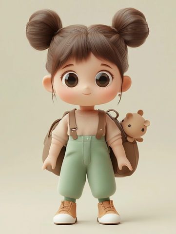 小女孩背动物包猪尾发型