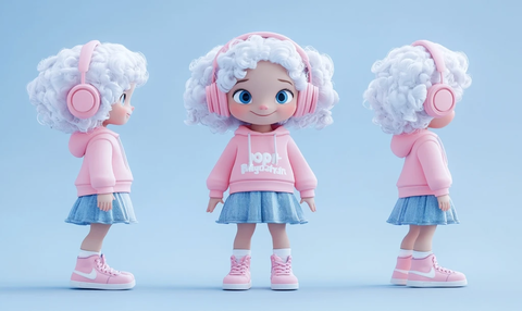 白卷发女孩粉色耳机穿搭