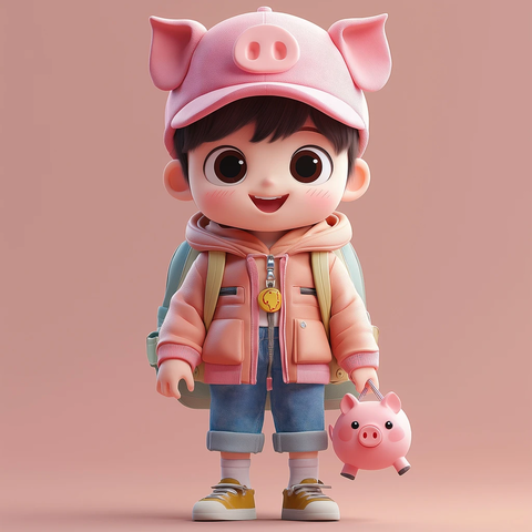 男孩戴粉色猪头帽背猪挂饰背包