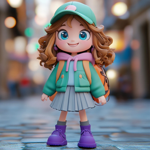 紫衣绿夹克女孩背包梦幻场景