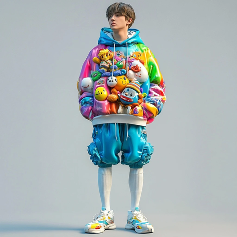 彩色卫衣搭配蓝色短裤白袜