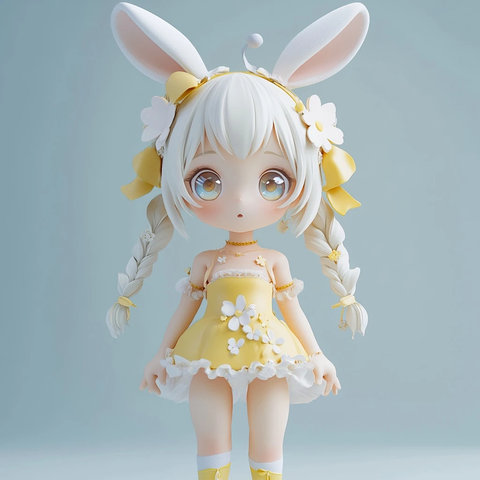 白花白发放辫黄裙女孩