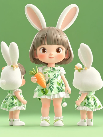 兔子女孩穿绿叶裙抱胡萝卜玩偶