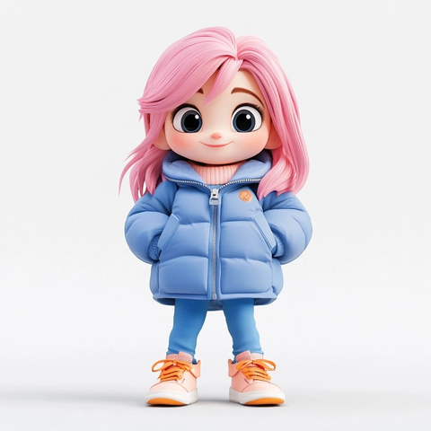 粉发女孩蓝色外套白色背景