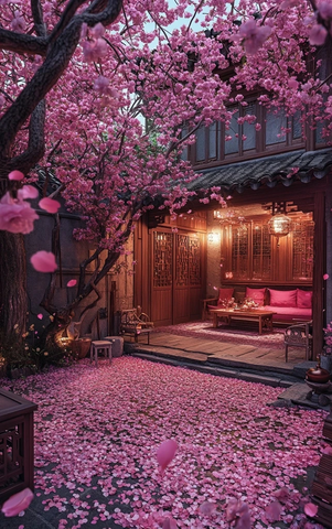 古宅庭院落英缤纷的唯美夜景