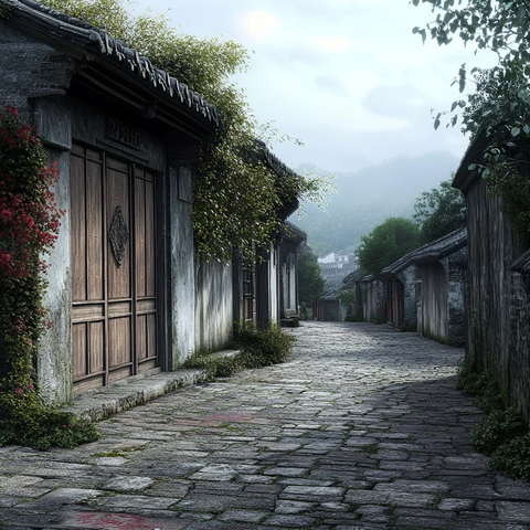 石板路两侧古旧建筑的幽静小巷