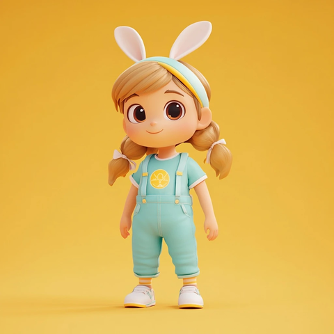 小女孩兔耳头饰背带裤站立