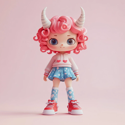 粉色卷发双角少女玩偶